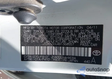 2011 Toyota Prius Two из США, поврежденный, VIN JTDKN3DU4B1368557